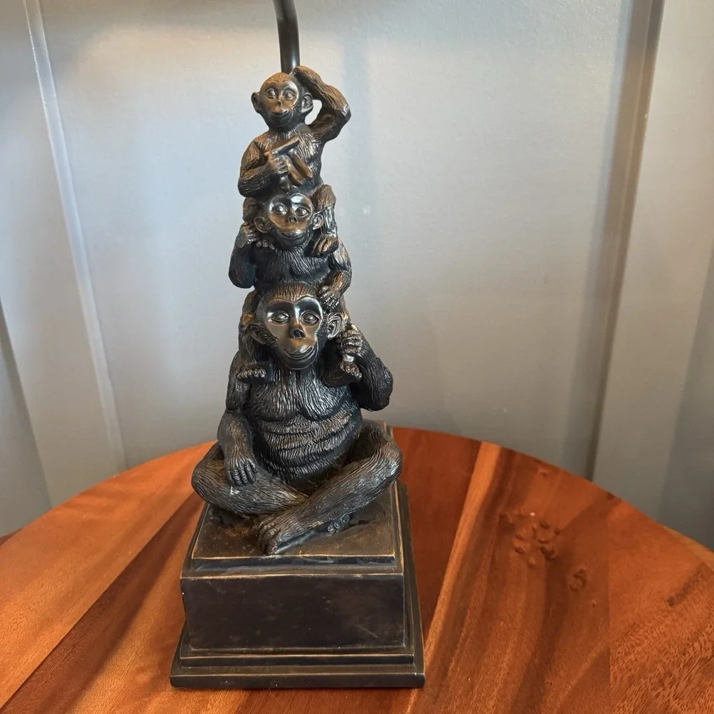 Vintage Monkey Stack Table Lamp Resin Safari Jungle Faux Leather Shade 21